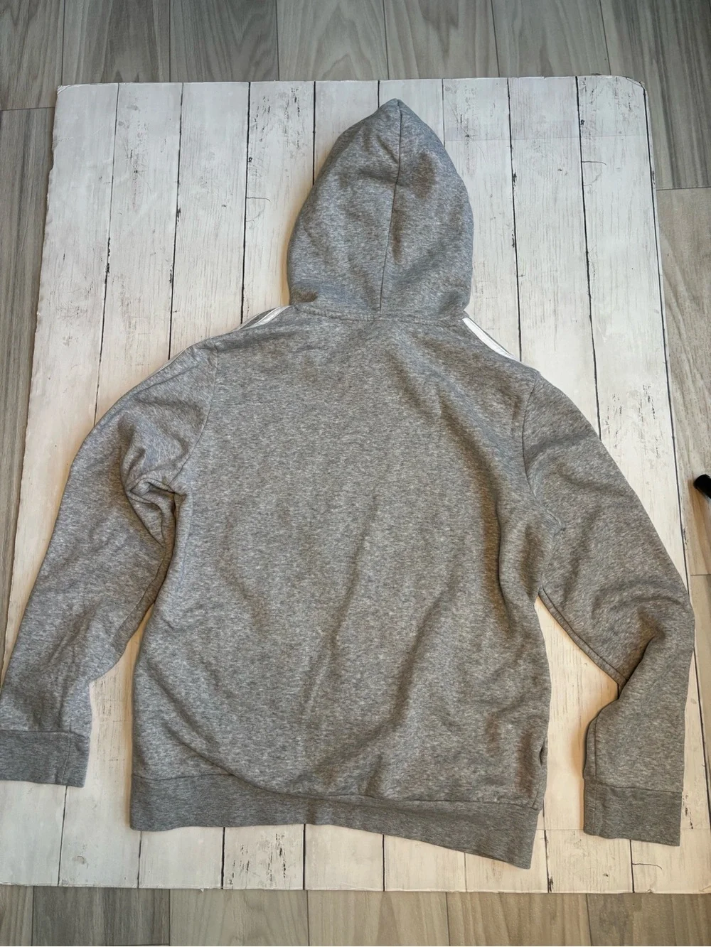 adidas Gray Hooded Sweatshirt with White Three-Stripe Sleeves